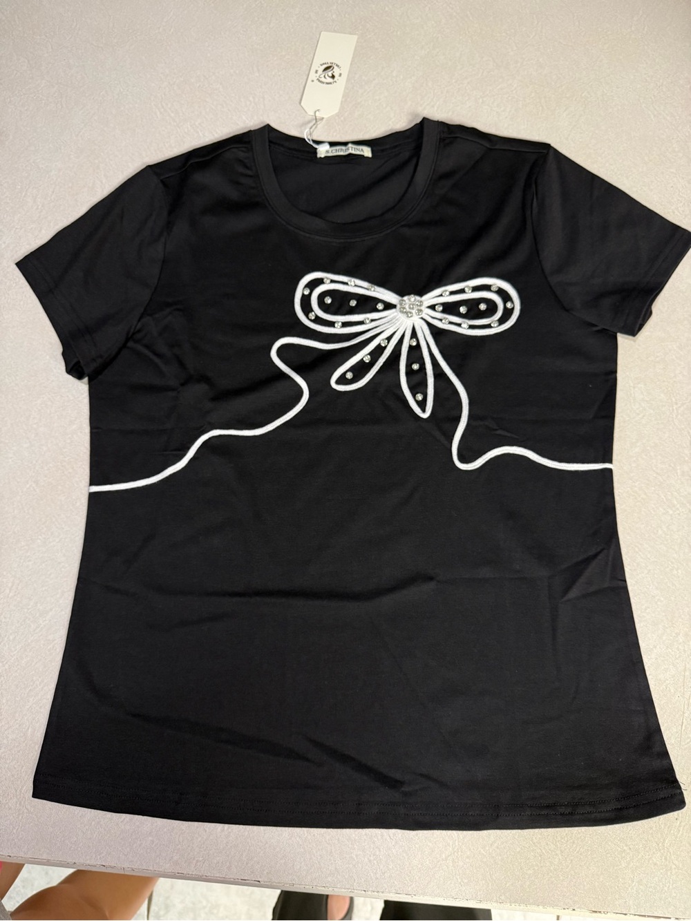 Women’s Black Embellished Bow Short Sleeve Top